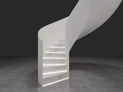 Modern White Spiral Staircase With Marble Steps Lighted Edges And Gray Stone Floor 3d model