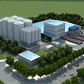 Industrial Plant With White Silos Blue Roof Surrounding Trees Roads Parking Area And Vehicles