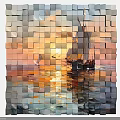 Colorful 3D Cube Wall Art Featuring Sailing Ship At Sunset Over Sea