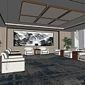 Elegant Hotel Public Lounge Area With Beige Sofas Large Landscape Painting Carpet And Ceiling Lighting