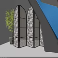Elegant Folding Room Divider With Black White Pattern And Indoor Bamboo Plant 3d model