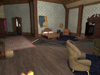 Architectural Interior With Wooden Columns Wallpapered Walls Wooden Floors Bed Chairs Rugs Wardrobe And Mirror 3d model