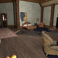 Architectural Interior With Wooden Columns Wallpapered Walls Wooden Floors Bed Chairs Rugs Wardrobe And Mirror