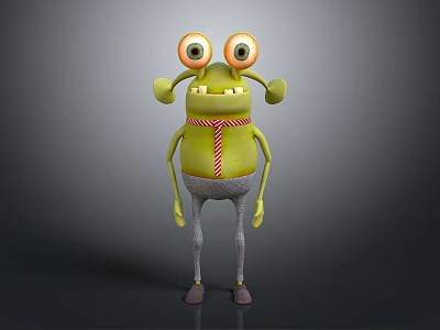 Game Movie Character Green Monster With Big Eyes Yellow Ears Red Striped Scarf Gray Pants 3d model