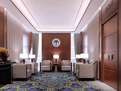 Hotel Public Lounge Featuring Wooden Walls Gray Sofas Patterned Carpet And Table Lamps 3d model