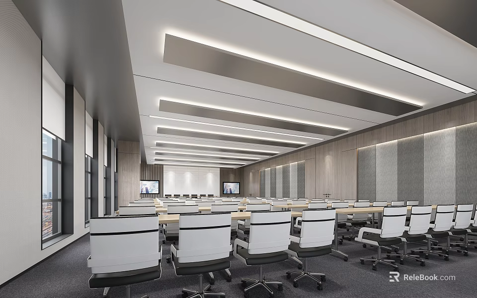 Modern Conference Room Interior Design With Long Table Office Chairs And Ceiling Lights 3d model 