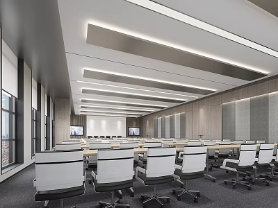 Modern Conference Room Interior Design With Long Table Office Chairs And Ceiling Lights 3d model