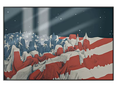 Abstract Painting Featuring American Flag Red White Stripes Blue Background White Stars And Mountain Texture 3d model