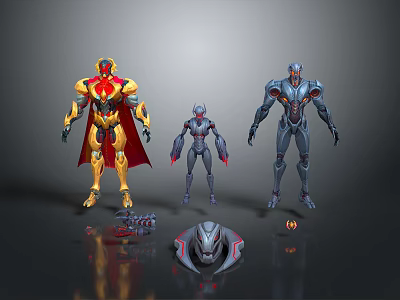 Robotic Characters With Various Colors Designs Golden Red Cape Gray Blue Helmet And Small Device 3d model