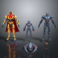 Robotic Characters With Various Colors Designs Golden Red Cape Gray Blue Helmet And Small Device