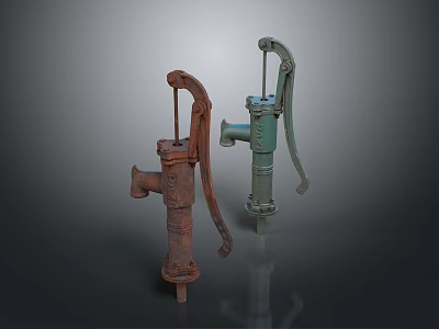 Vintage Manual Water Pumps in Rustic Red and Green Old Fashioned Design 3d model