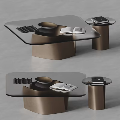Modern Coffee Table With Glass Top Gold Metal Base Open Book Cup And Side Table 3d model