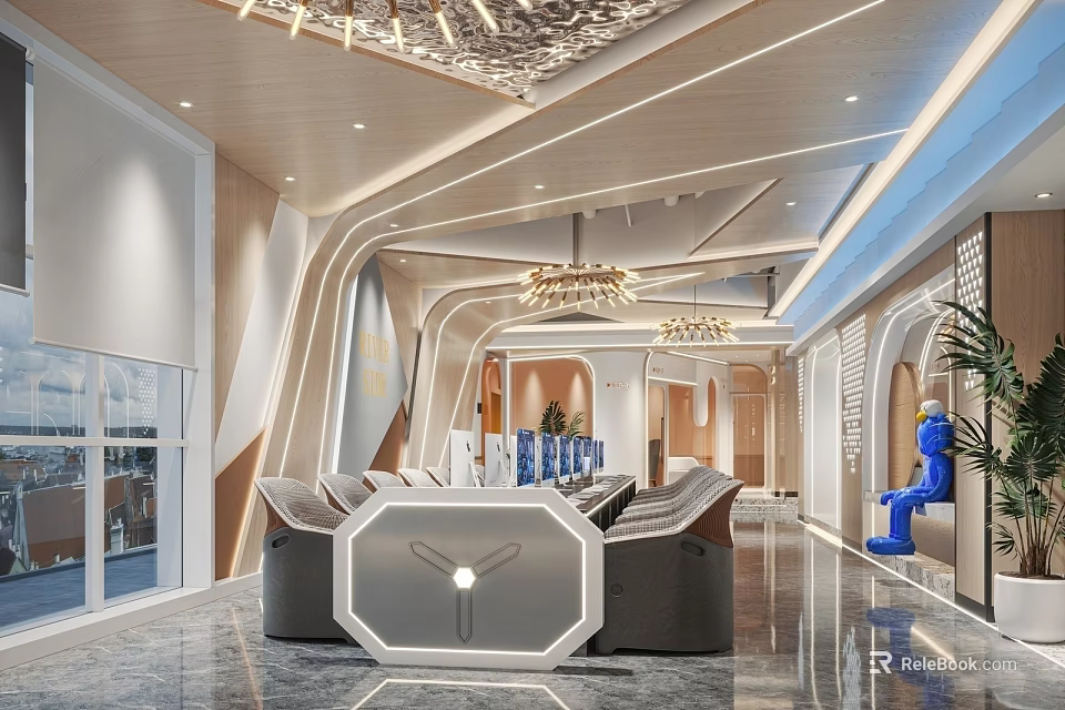 Modern Exhibition Hall Interior With Central Sofa Chandeliers Blue Sculpture Glass Walls And Marble Floor 3d model 