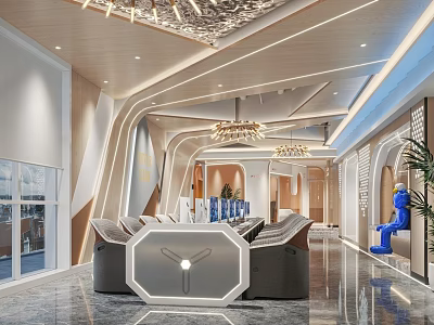 Modern Exhibition Hall Interior With Central Sofa Chandeliers Blue Sculpture Glass Walls And Marble Floor 3d model
