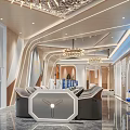 Modern Exhibition Hall Interior With Central Sofa Chandeliers Blue Sculpture Glass Walls And Marble Floor