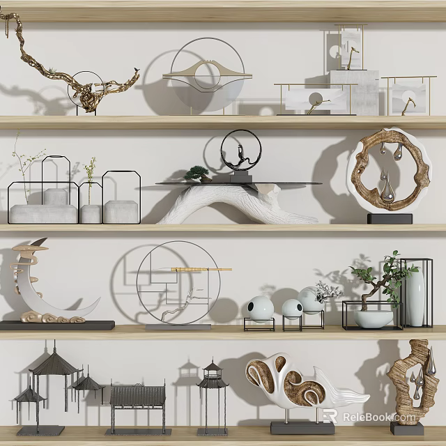 Modern Decorative Ornament Combination With Geometric Metal Wooden Pieces On Shelves 3d model 