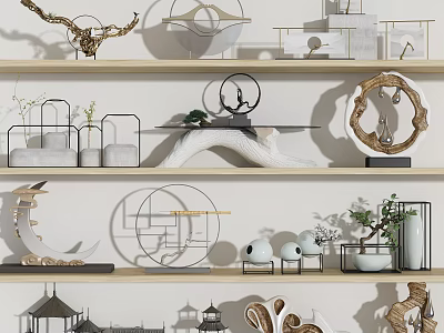 Modern Decorative Ornament Combination With Geometric Metal Wooden Pieces On Shelves 3d model
