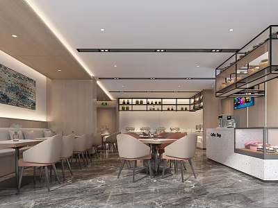 Modern Restaurant Interior With Wooden Tables Chairs Decorative Wall Art And Ambient Lighting 3d model