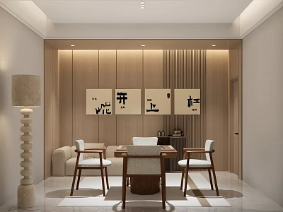Hotel Mahjong Room Featuring Wooden Wall Panels Decorative Calligraphy Art And Mahjong Table Chairs 3d model