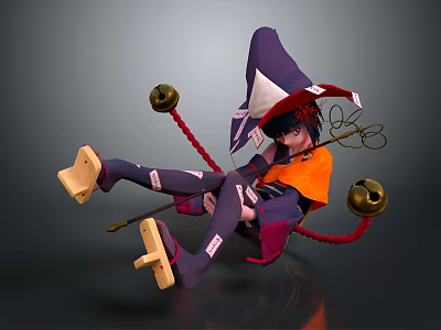 Wizard Character In Orange Robe With Purple Hat And Small Creature Companion Holding Bell Staff 3d model