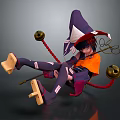 Wizard Character In Orange Robe With Purple Hat And Small Creature Companion Holding Bell Staff