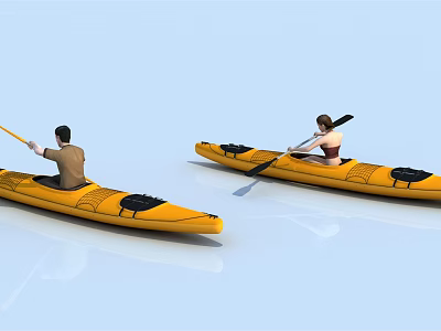 Two People Kayaking in Yellow Kayaks with Paddles on Calm Blue Water 3d model