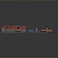 Red Roof Building With Curved Railway Track And Colorful Train Carriages