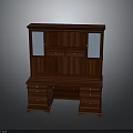 Traditional Wooden Writing Desk With Glass Door Hutch And Lower Storage Drawers