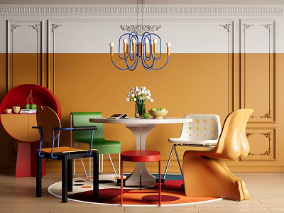 Modern Multicolored Dining Table Set With Orange White Wall Chandelier And Vase Flowers 3d model