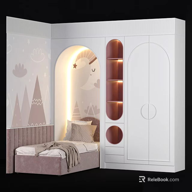 Children's Bed With Upholstered Headboard White Wardrobe Open Shelves Lighting And Cartoon Patterned Wall 3d model 