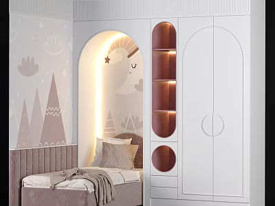 Children's Bed With Upholstered Headboard White Wardrobe Open Shelves Lighting And Cartoon Patterned Wall 3d model