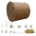 Round Hay Bales Arranged In Rural Agricultural Field With Dry Grass