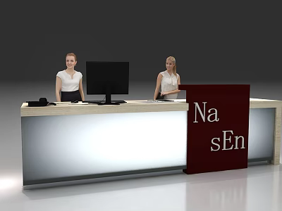 Modern Reception Desk With Two Staff Computer Monitor And Na Sen Sign 3d model