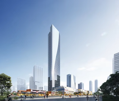 Modern High Rise Office Building Exterior With Surrounding Skyscrapers Commercial Area And Green Trees 3d model