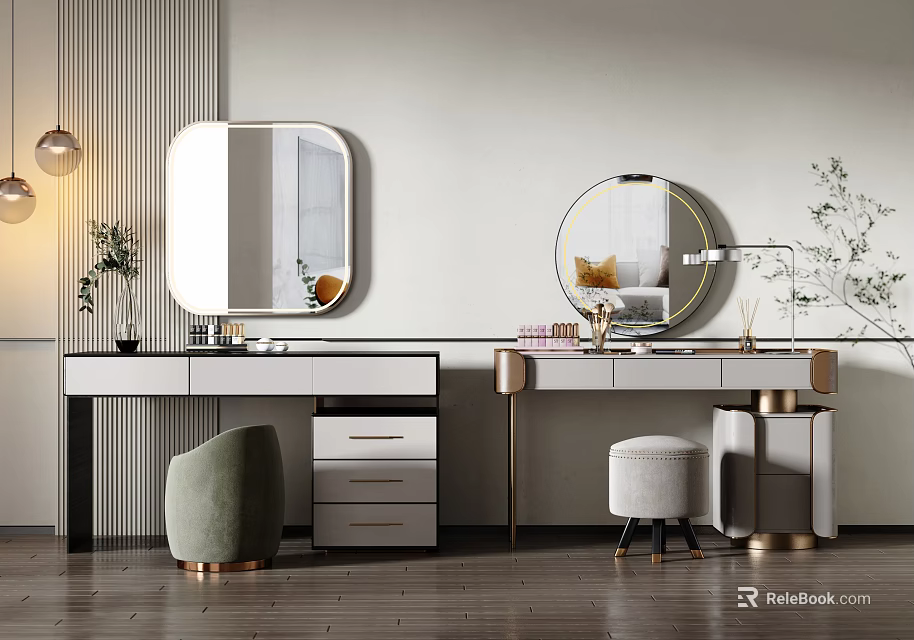Modern Dressing Table With Round Mirror Storage Drawers And Upholstered Stool 3d model 