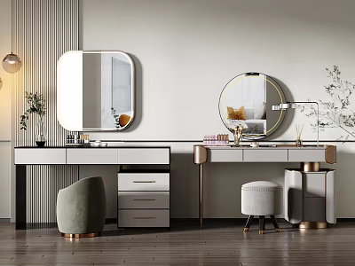 Modern Dressing Table With Round Mirror Storage Drawers And Upholstered Stool 3d model