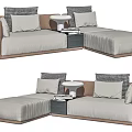 Modern Sectional Sofa with White Cushions Brown Armrests Side Table and Lamp