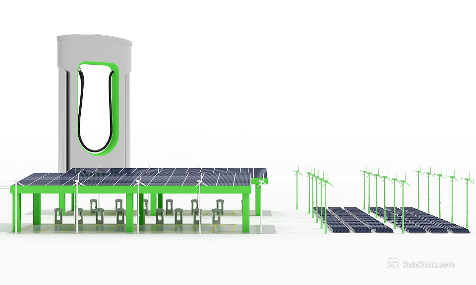 Sustainable Green Energy Charging Facility With Solar Panels Wind Turbines And Electric Vehicle Chargers 3d model 