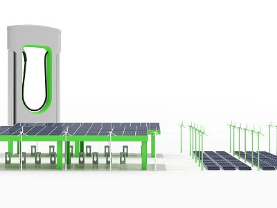 Sustainable Green Energy Charging Facility With Solar Panels Wind Turbines And Electric Vehicle Chargers 3d model