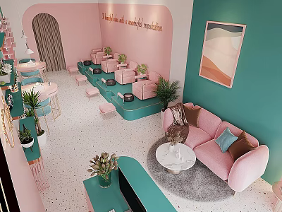 Pastel Living Room Interior With Pink Sofa Teal Walls Green Plants And Round Coffee Table 3d model