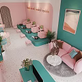 Pastel Living Room Interior With Pink Sofa Teal Walls Green Plants And Round Coffee Table