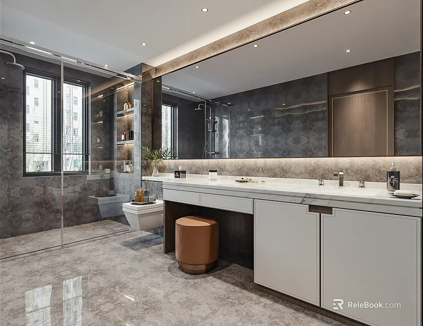 Modern Bathroom Interior With Large Mirror White Vanity And Marble Floor Tiles 3d model 