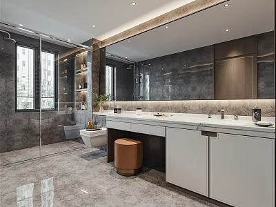 Modern Bathroom Interior With Large Mirror White Vanity And Marble Floor Tiles 3d model