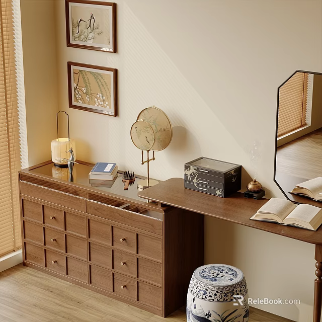 Classic Wooden Dressing Table With Octagonal Mirror Open Books And Storage Drawers 3d model 
