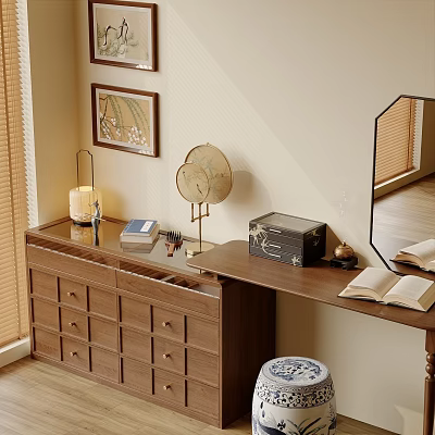 Classic Wooden Dressing Table With Octagonal Mirror Open Books And Storage Drawers 3d model