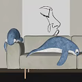 Blue And White Whale Shaped Plush Pillows On Beige Sofa With Abstract Wall Art
