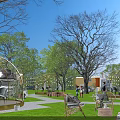 Scenic Park Landscape With Tall Trees Green Lawn Circular Arches Outdoor Seating And String Lights