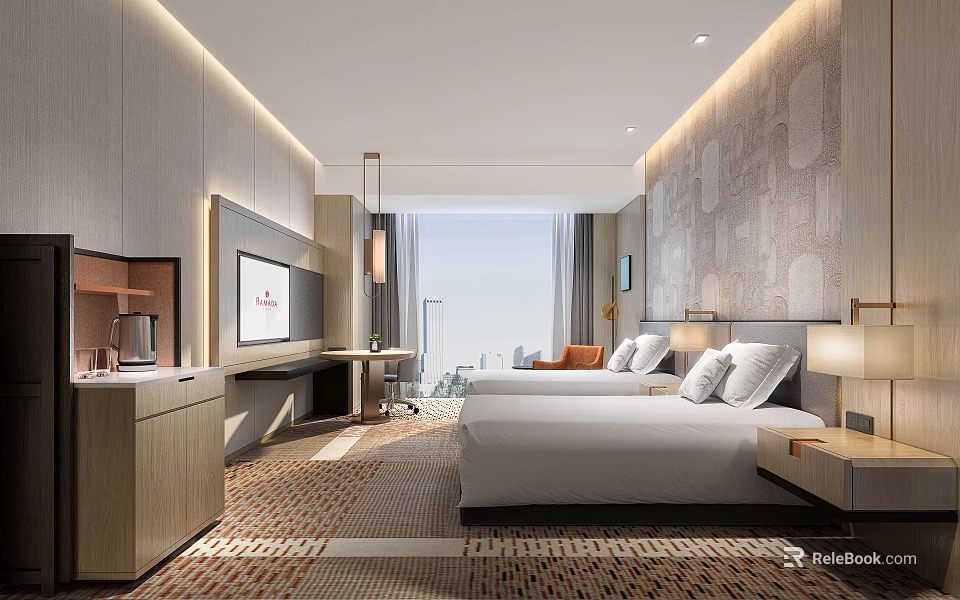 Modern Hotel Guest Room Interior With Double Bed City View Large Window And Nightstand 3d model 