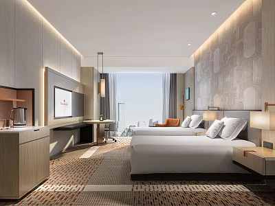 Modern Hotel Guest Room Interior With Double Bed City View Large Window And Nightstand 3d model