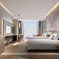 Modern Hotel Guest Room Interior With Double Bed City View Large Window And Nightstand